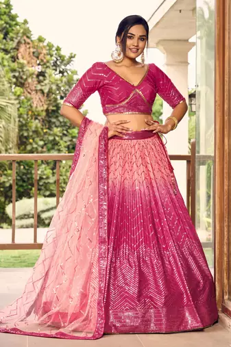 PINK THREAD & SEQUINS EMBROIDERED WITH CHINON FABRIC DESIGNER BRIDAL WEDDING & PARTY WEAR FESTIVAL SEMI STITCHED LEHENGA
