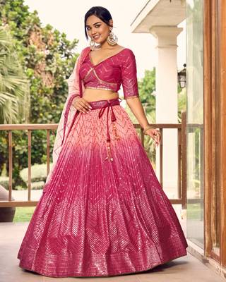 PINK THREAD & SEQUINS EMBROIDERED WITH CHINON FABRIC DESIGNER BRIDAL WEDDING & PARTY WEAR FESTIVAL SEMI STITCHED LEHENGA 5