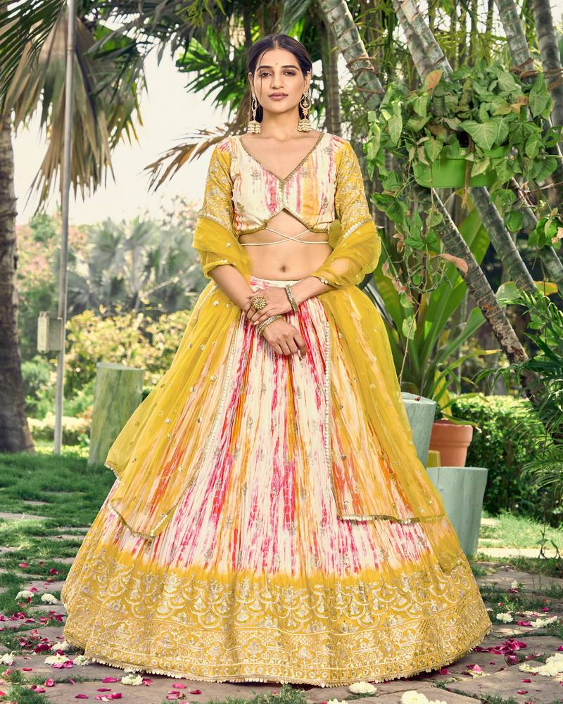 YELLOW & MULTICOLOR ZARI & SEQUINS EMBROIDERED WITH DIGITAL PRINT CHINON FABRIC PARTY WEAR FESTIVAL SEMI STITCHED CHOLI