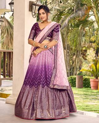 PURPLE THREAD & SEQUINS EMBROIDERED WITH CHINON FABRIC DESIGNER BRIDAL WEDDING PARTY WEAR FESTIVAL SEMI STITCHED LEHENGA 1