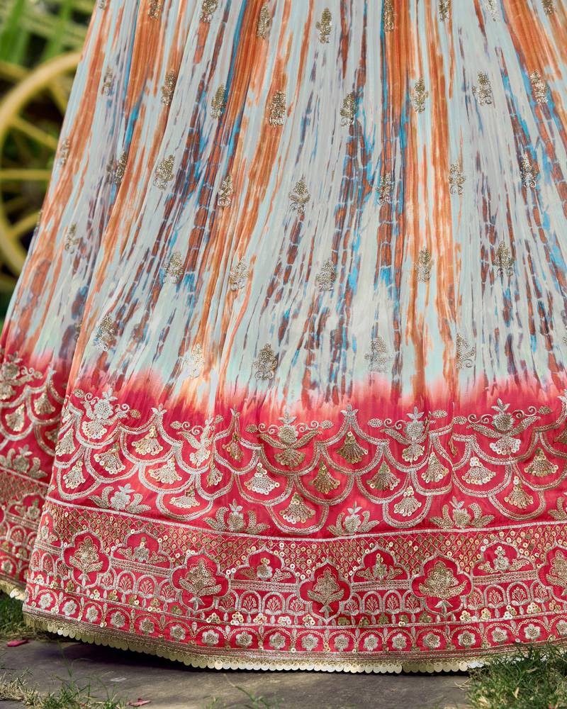 PINK & MULTICOLOR ZARI & SEQUINS EMBROIDERED WITH DIGITAL PRINT CHINON FABRIC PARTY WEAR FESTIVAL SEMI STITCHED CHOLI