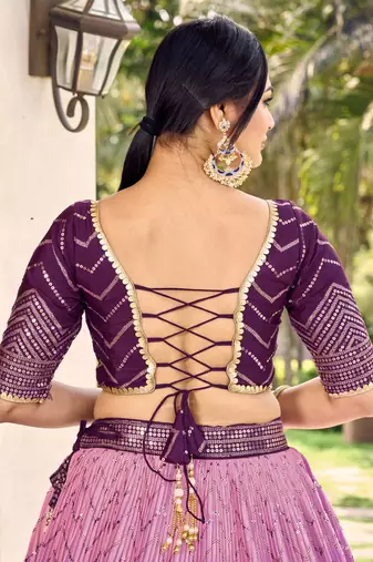 PURPLE THREAD & SEQUINS EMBROIDERED WITH CHINON FABRIC DESIGNER BRIDAL WEDDING PARTY WEAR FESTIVAL SEMI STITCHED LEHENGA