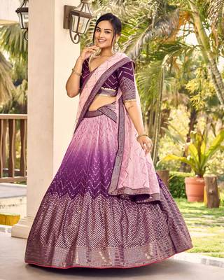 PURPLE THREAD & SEQUINS EMBROIDERED WITH CHINON FABRIC DESIGNER BRIDAL WEDDING PARTY WEAR FESTIVAL SEMI STITCHED LEHENGA 3