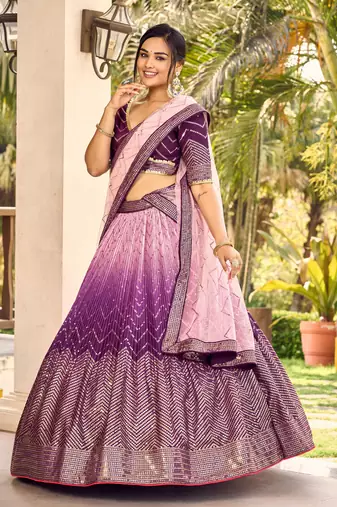 PURPLE THREAD & SEQUINS EMBROIDERED WITH CHINON FABRIC DESIGNER BRIDAL WEDDING PARTY WEAR FESTIVAL SEMI STITCHED LEHENGA