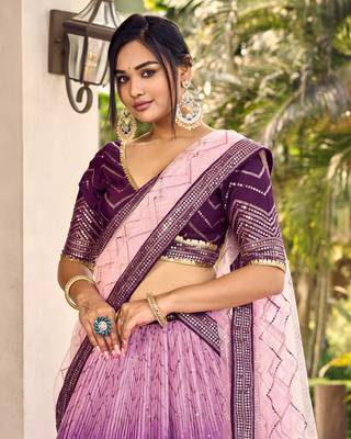 PURPLE THREAD & SEQUINS EMBROIDERED WITH CHINON FABRIC DESIGNER BRIDAL WEDDING PARTY WEAR FESTIVAL SEMI STITCHED LEHENGA 4