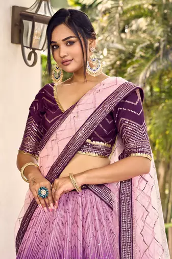 PURPLE THREAD & SEQUINS EMBROIDERED WITH CHINON FABRIC DESIGNER BRIDAL WEDDING PARTY WEAR FESTIVAL SEMI STITCHED LEHENGA