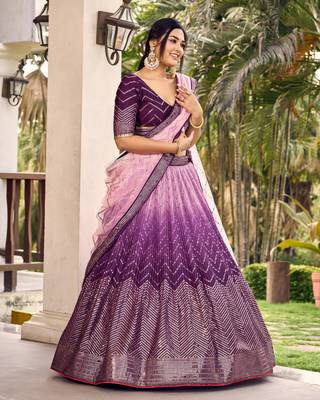 PURPLE THREAD & SEQUINS EMBROIDERED WITH CHINON FABRIC DESIGNER BRIDAL WEDDING PARTY WEAR FESTIVAL SEMI STITCHED LEHENGA 5