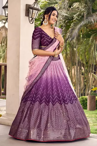 PURPLE THREAD & SEQUINS EMBROIDERED WITH CHINON FABRIC DESIGNER BRIDAL WEDDING PARTY WEAR FESTIVAL SEMI STITCHED LEHENGA