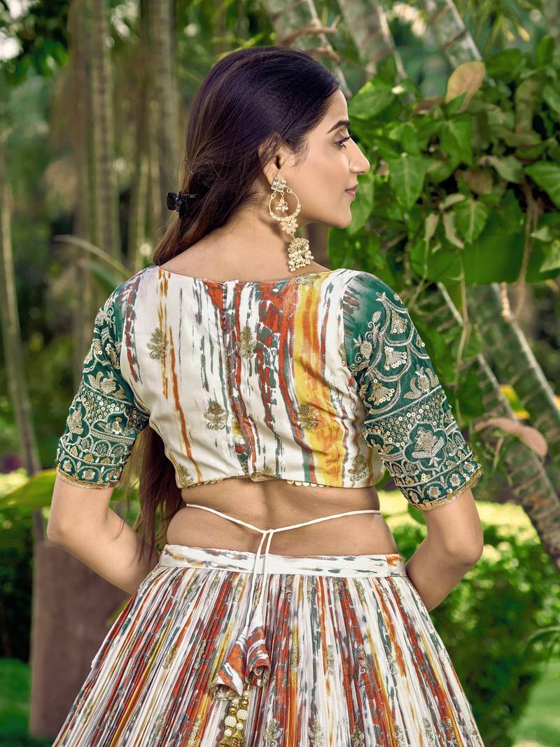 GREEN & MULTICOLOR ZARI & SEQUINS EMBROIDERED WITH DIGITAL PRINT CHINON FABRIC PARTY WEAR FESTIVAL SEMI STITCHED CHOLI