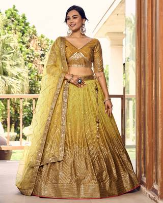 YELLOW THREAD & SEQUINS EMBROIDERED WITH CHINON DESIGNER BRIDAL WEDDING PARTY WEAR FESTIVAL SEMI STITCHED LEHENGA CHOLI 1