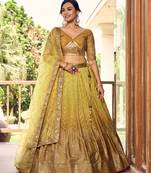 YELLOW THREAD & SEQUINS EMBROIDERED WITH CHINON DESIGNER BRIDAL WEDDING PARTY WEAR FESTIVAL SEMI STITCHED LEHENGA CHOLI
