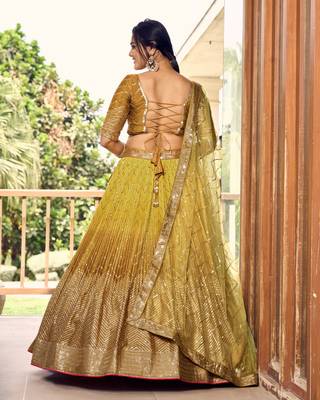 YELLOW THREAD & SEQUINS EMBROIDERED WITH CHINON DESIGNER BRIDAL WEDDING PARTY WEAR FESTIVAL SEMI STITCHED LEHENGA CHOLI 2