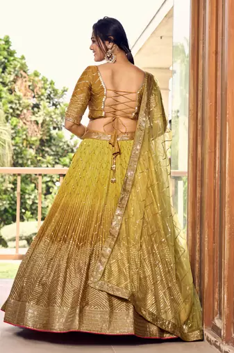 YELLOW THREAD & SEQUINS EMBROIDERED WITH CHINON DESIGNER BRIDAL WEDDING PARTY WEAR FESTIVAL SEMI STITCHED LEHENGA CHOLI