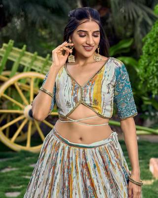 TURQUOISE & MULTICOLOR ZARI & SEQUINS EMBROIDERED WITH DIGITAL PRINT CHINON FABRIC PARTY WEAR SEMI STITCHED CHOLI 8