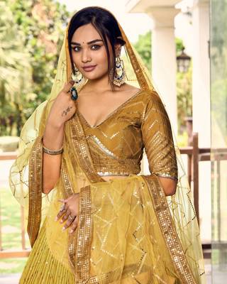 YELLOW THREAD & SEQUINS EMBROIDERED WITH CHINON DESIGNER BRIDAL WEDDING PARTY WEAR FESTIVAL SEMI STITCHED LEHENGA CHOLI 3