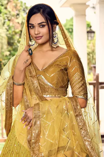 YELLOW THREAD & SEQUINS EMBROIDERED WITH CHINON DESIGNER BRIDAL WEDDING PARTY WEAR FESTIVAL SEMI STITCHED LEHENGA CHOLI