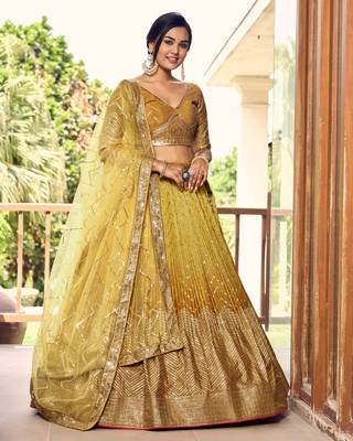 YELLOW THREAD & SEQUINS EMBROIDERED WITH CHINON DESIGNER BRIDAL WEDDING PARTY WEAR FESTIVAL SEMI STITCHED LEHENGA CHOLI 5