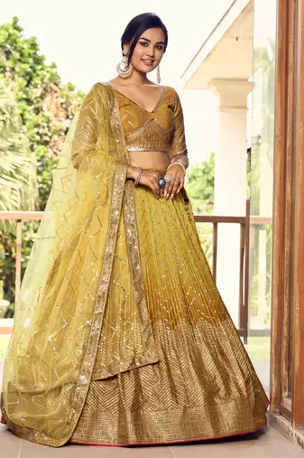 YELLOW THREAD & SEQUINS EMBROIDERED WITH CHINON DESIGNER BRIDAL WEDDING PARTY WEAR FESTIVAL SEMI STITCHED LEHENGA CHOLI