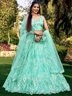 SEA GREEN THREAD & SEQUINS EMBROIDERED WITH NET FABRIC DESIGNER WEDDING PARTY WEAR FESTIVAL SEMI STITCHED LEHENGA CHOLI 1