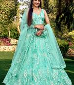 SEA GREEN THREAD & SEQUINS EMBROIDERED WITH NET FABRIC DESIGNER WEDDING PARTY WEAR FESTIVAL SEMI STITCHED LEHENGA CHOLI