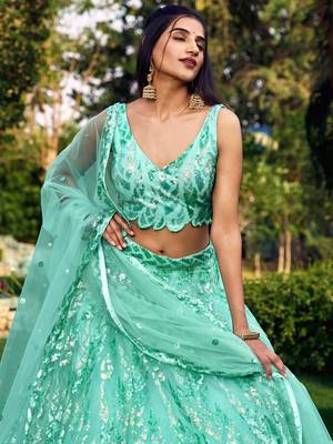 SEA GREEN THREAD & SEQUINS EMBROIDERED WITH NET FABRIC DESIGNER WEDDING PARTY WEAR FESTIVAL SEMI STITCHED LEHENGA CHOLI 2