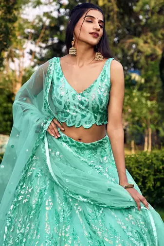 SEA GREEN THREAD & SEQUINS EMBROIDERED WITH NET FABRIC DESIGNER WEDDING PARTY WEAR FESTIVAL SEMI STITCHED LEHENGA CHOLI