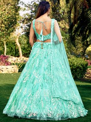 SEA GREEN THREAD & SEQUINS EMBROIDERED WITH NET FABRIC DESIGNER WEDDING PARTY WEAR FESTIVAL SEMI STITCHED LEHENGA CHOLI 3