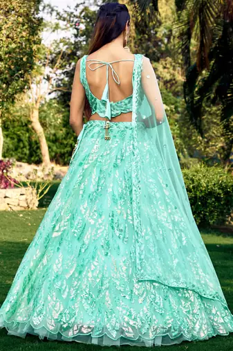 SEA GREEN THREAD & SEQUINS EMBROIDERED WITH NET FABRIC DESIGNER WEDDING PARTY WEAR FESTIVAL SEMI STITCHED LEHENGA CHOLI