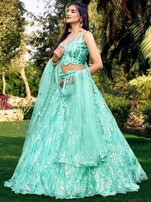 SEA GREEN THREAD & SEQUINS EMBROIDERED WITH NET FABRIC DESIGNER WEDDING PARTY WEAR FESTIVAL SEMI STITCHED LEHENGA CHOLI 4