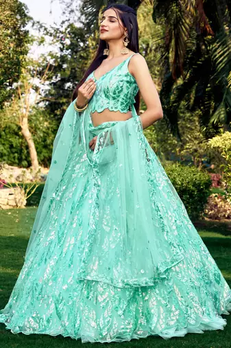 SEA GREEN THREAD & SEQUINS EMBROIDERED WITH NET FABRIC DESIGNER WEDDING PARTY WEAR FESTIVAL SEMI STITCHED LEHENGA CHOLI