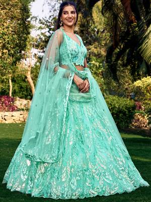 SEA GREEN THREAD & SEQUINS EMBROIDERED WITH NET FABRIC DESIGNER WEDDING PARTY WEAR FESTIVAL SEMI STITCHED LEHENGA CHOLI 5