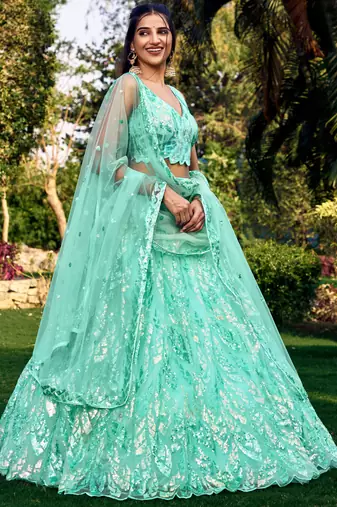 SEA GREEN THREAD & SEQUINS EMBROIDERED WITH NET FABRIC DESIGNER WEDDING PARTY WEAR FESTIVAL SEMI STITCHED LEHENGA CHOLI