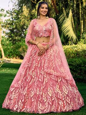 PINK THREAD & SEQUINS EMBROIDERED WITH NET FABRIC DESIGNER WEDDING PARTY WEAR FESTIVAL SEMI STITCHED LEHENGA CHOLI 1