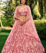 PINK THREAD & SEQUINS EMBROIDERED WITH NET FABRIC DESIGNER WEDDING PARTY WEAR FESTIVAL SEMI STITCHED LEHENGA CHOLI