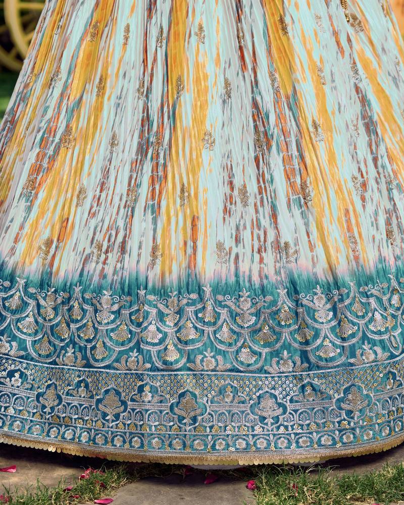 TURQUOISE & MULTICOLOR ZARI & SEQUINS EMBROIDERED WITH DIGITAL PRINT CHINON FABRIC PARTY WEAR SEMI STITCHED CHOLI