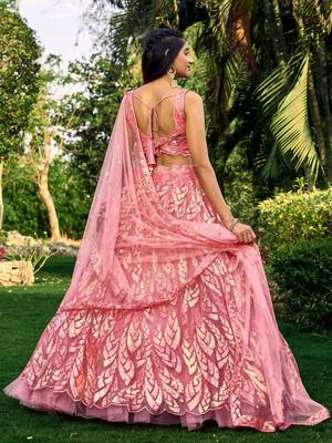 PINK THREAD & SEQUINS EMBROIDERED WITH NET FABRIC DESIGNER WEDDING PARTY WEAR FESTIVAL SEMI STITCHED LEHENGA CHOLI 2