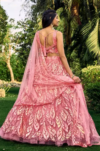 PINK THREAD & SEQUINS EMBROIDERED WITH NET FABRIC DESIGNER WEDDING PARTY WEAR FESTIVAL SEMI STITCHED LEHENGA CHOLI