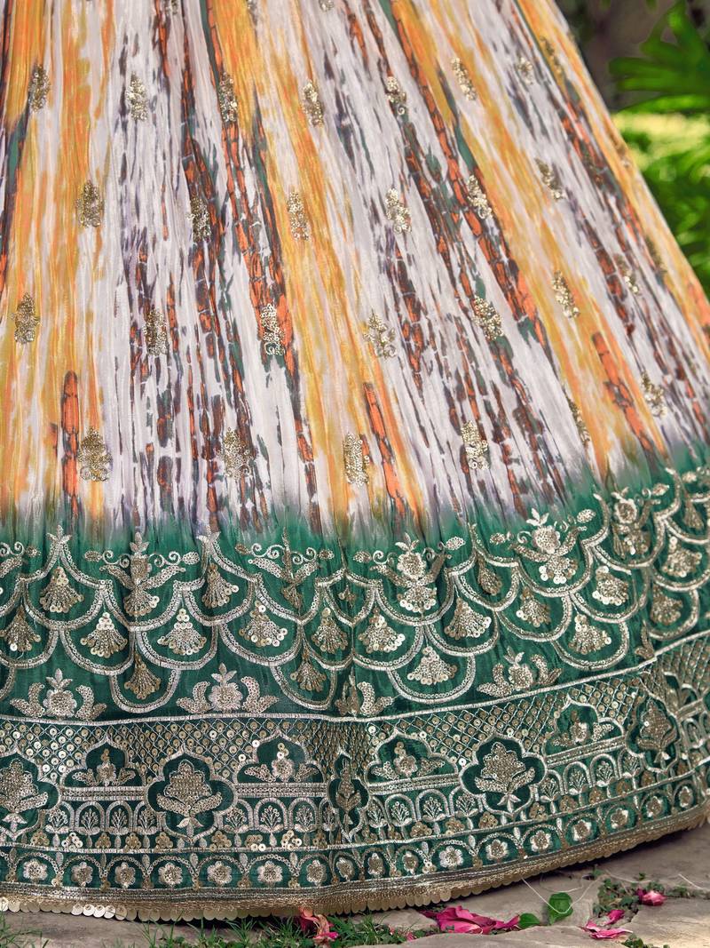 GREEN & MULTICOLOR ZARI & SEQUINS EMBROIDERED WITH DIGITAL PRINT CHINON FABRIC PARTY WEAR FESTIVAL SEMI STITCHED CHOLI