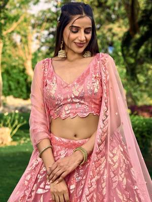 PINK THREAD & SEQUINS EMBROIDERED WITH NET FABRIC DESIGNER WEDDING PARTY WEAR FESTIVAL SEMI STITCHED LEHENGA CHOLI 3