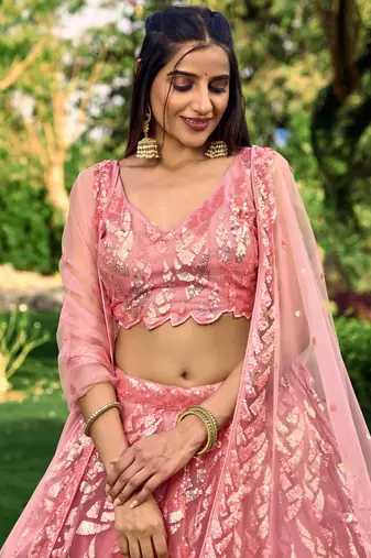 PINK THREAD & SEQUINS EMBROIDERED WITH NET FABRIC DESIGNER WEDDING PARTY WEAR FESTIVAL SEMI STITCHED LEHENGA CHOLI
