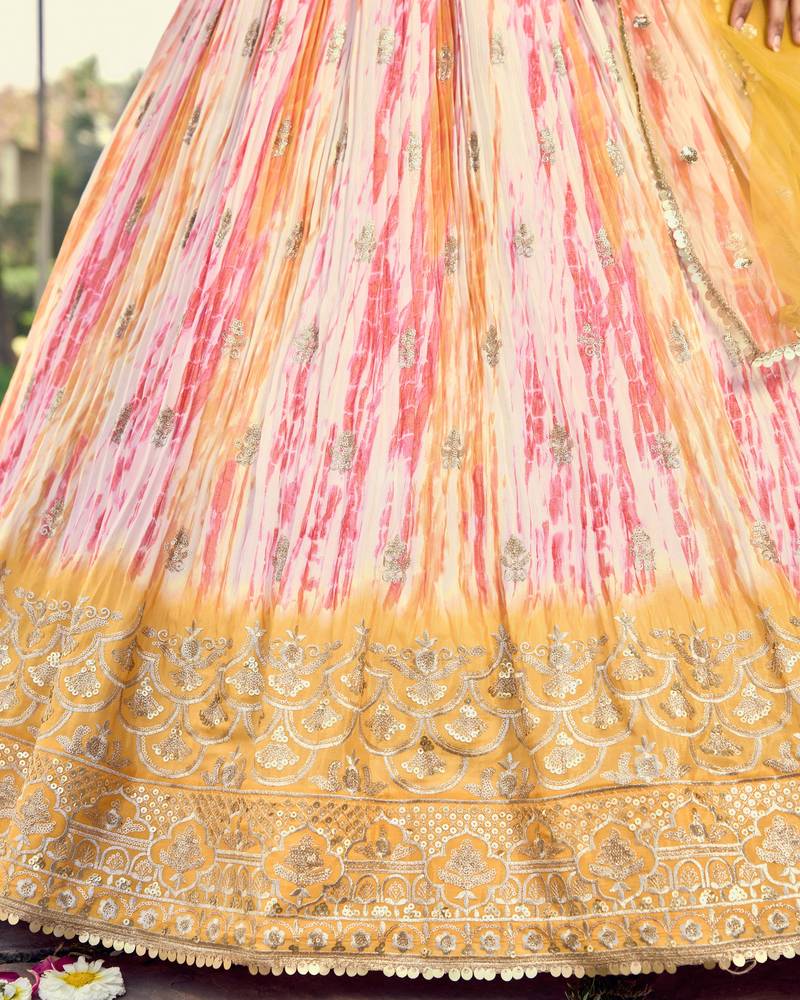 YELLOW & MULTICOLOR ZARI & SEQUINS EMBROIDERED WITH DIGITAL PRINT CHINON FABRIC PARTY WEAR FESTIVAL SEMI STITCHED CHOLI