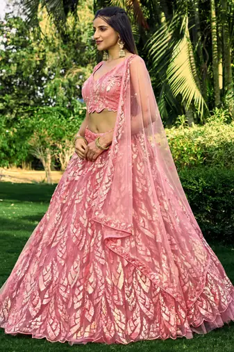 PINK THREAD & SEQUINS EMBROIDERED WITH NET FABRIC DESIGNER WEDDING PARTY WEAR FESTIVAL SEMI STITCHED LEHENGA CHOLI