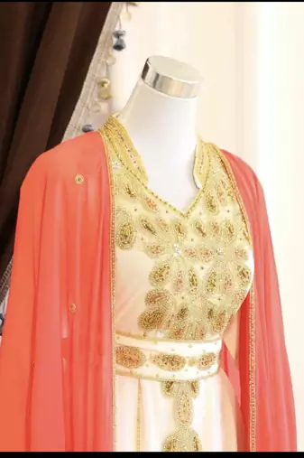 Orange & White Handcrafted Zari work Stitched Dress Georgette Kaftan Party Wear Wedding Dresses