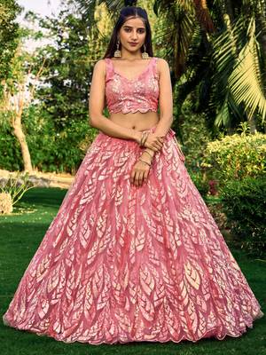 PINK THREAD & SEQUINS EMBROIDERED WITH NET FABRIC DESIGNER WEDDING PARTY WEAR FESTIVAL SEMI STITCHED LEHENGA CHOLI 5