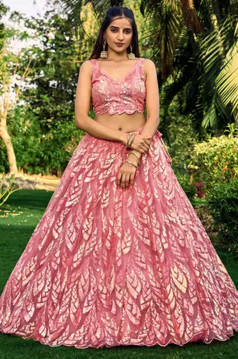 PINK THREAD & SEQUINS EMBROIDERED WITH NET FABRIC DESIGNER WEDDING PARTY WEAR FESTIVAL SEMI STITCHED LEHENGA CHOLI