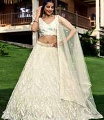 WHITE THREAD & SEQUINS EMBROIDERED WITH NET FABRIC DESIGNER WEDDING PARTY WEAR FESTIVAL SEMI STITCHED LEHENGA CHOLI