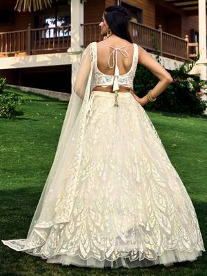 WHITE THREAD & SEQUINS EMBROIDERED WITH NET FABRIC DESIGNER WEDDING PARTY WEAR FESTIVAL SEMI STITCHED LEHENGA CHOLI 2