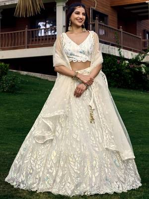 WHITE THREAD & SEQUINS EMBROIDERED WITH NET FABRIC DESIGNER WEDDING PARTY WEAR FESTIVAL SEMI STITCHED LEHENGA CHOLI 4