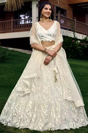 WHITE THREAD & SEQUINS EMBROIDERED WITH NET FABRIC DESIGNER WEDDING PARTY WEAR FESTIVAL SEMI STITCHED LEHENGA CHOLI