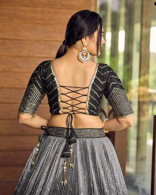 BLACK THREAD & SEQUINS EMBROIDERED WITH CHINON FABRIC DESIGNER BRIDAL WEDDING PARTY WEAR FESTIVAL SEMI STITCHED LEHENGA 6